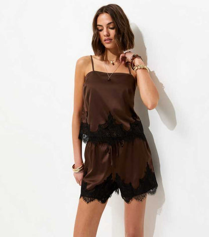 Brown Satin Tie Lace Trim Shorts