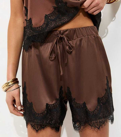 Brown Satin Tie Lace Trim Shorts