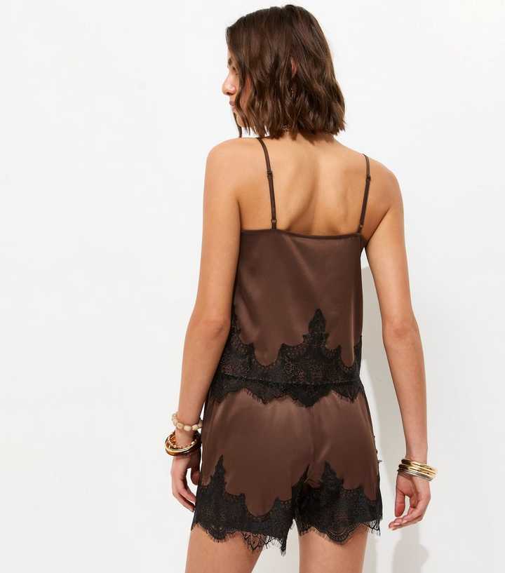 Brown Satin Tie Lace Trim Shorts