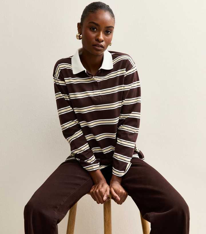 Brown Striped Long Sleeve Rugby Top