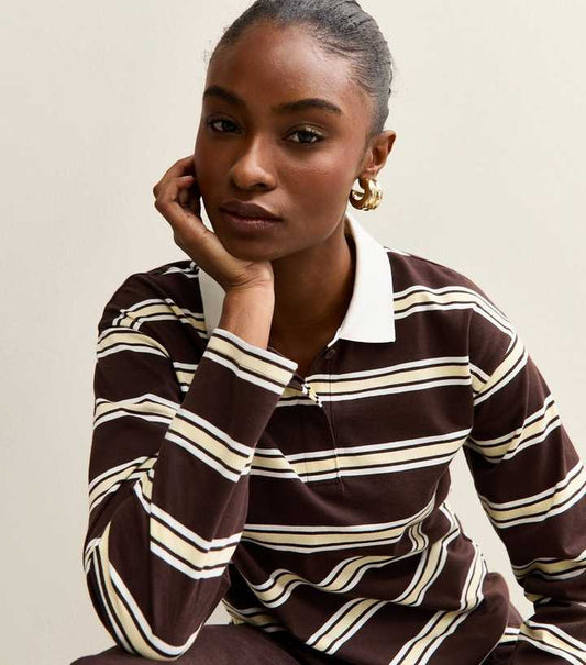Brown Striped Long Sleeve Rugby Top