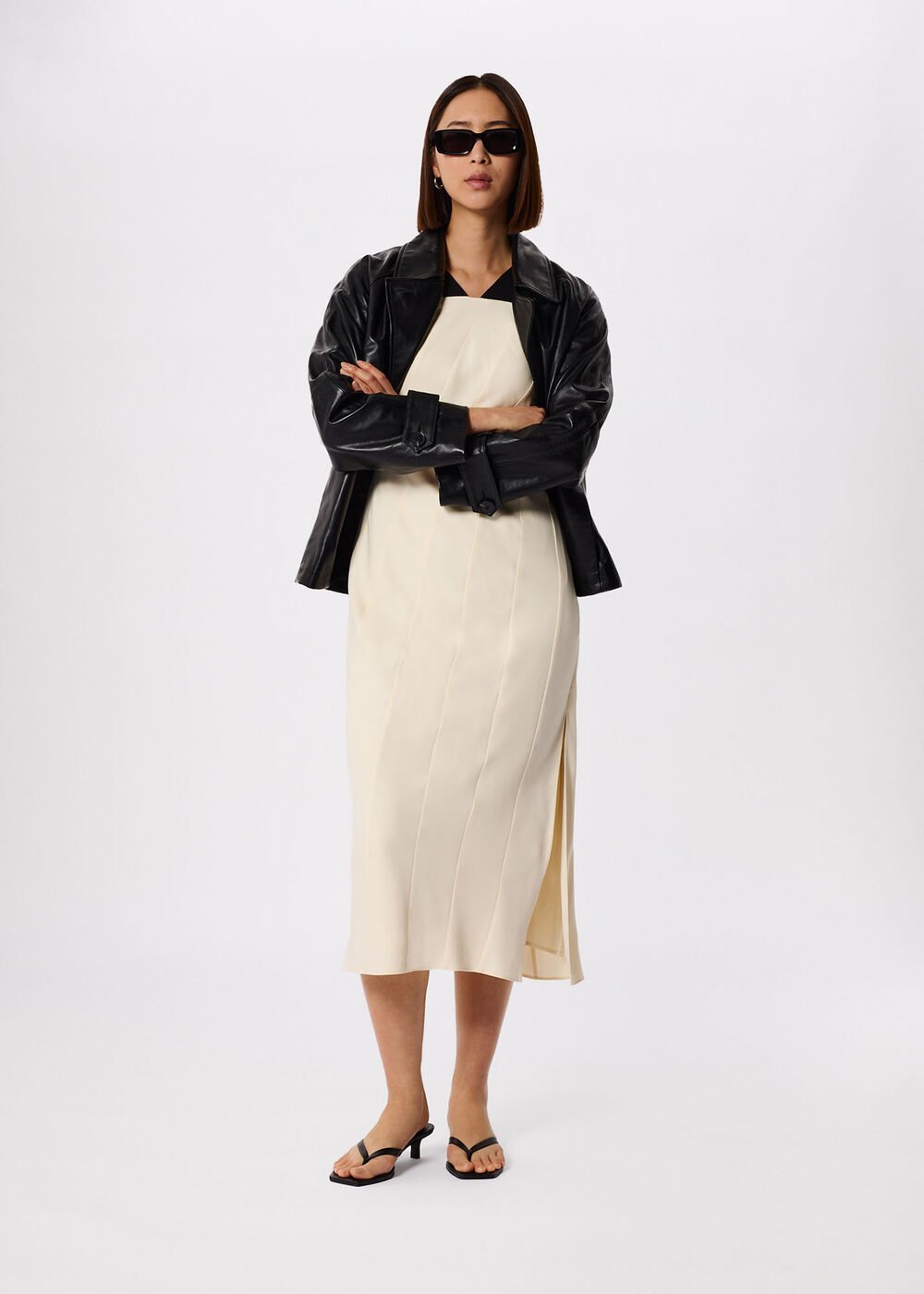 Ivory/Multi Buckle Detail Midi Dress