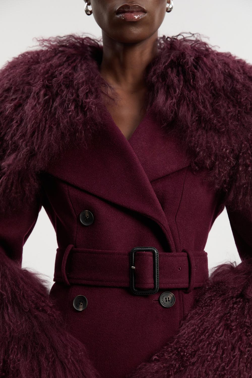 Brushed Wool & Shearling Tailored Double Breasted Belted Midi Coat