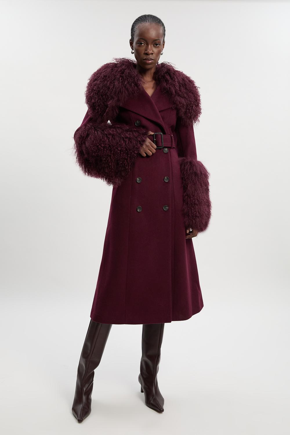 Brushed Wool & Shearling Tailored Double Breasted Belted Midi Coat