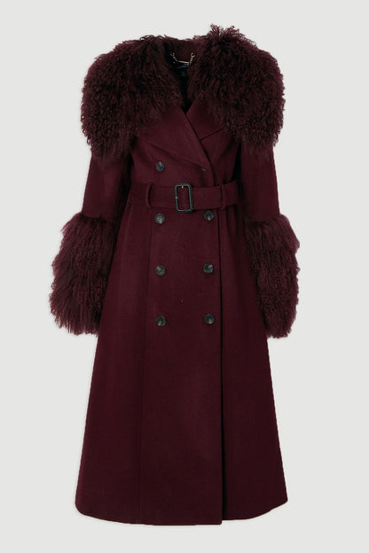 Brushed Wool & Shearling Tailored Double Breasted Belted Midi Coat