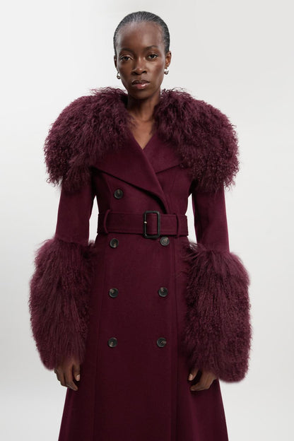 Brushed Wool & Shearling Tailored Double Breasted Belted Midi Coat