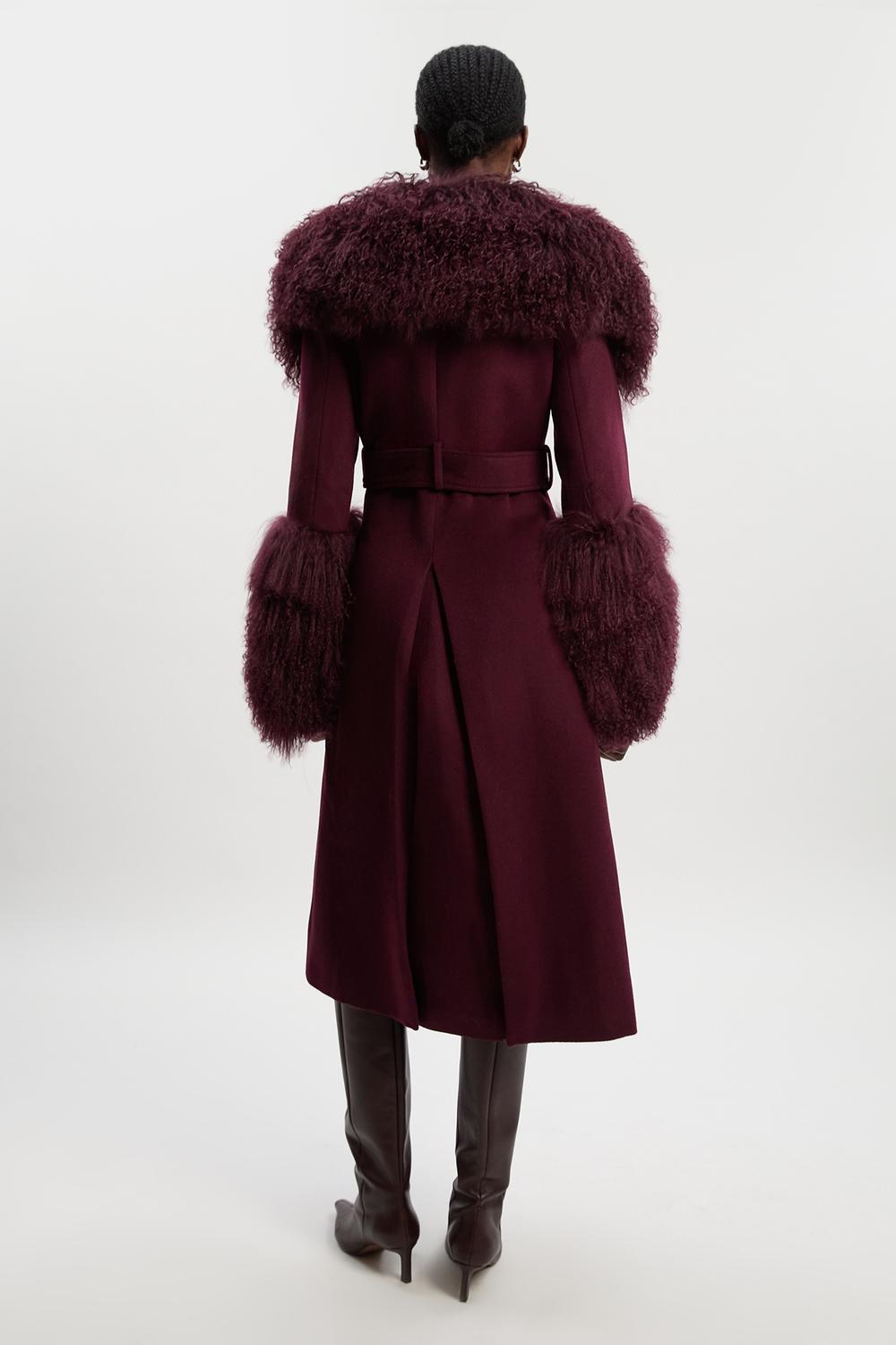 Brushed Wool & Shearling Tailored Double Breasted Belted Midi Coat