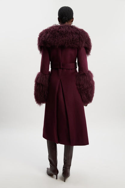 Brushed Wool & Shearling Tailored Double Breasted Belted Midi Coat