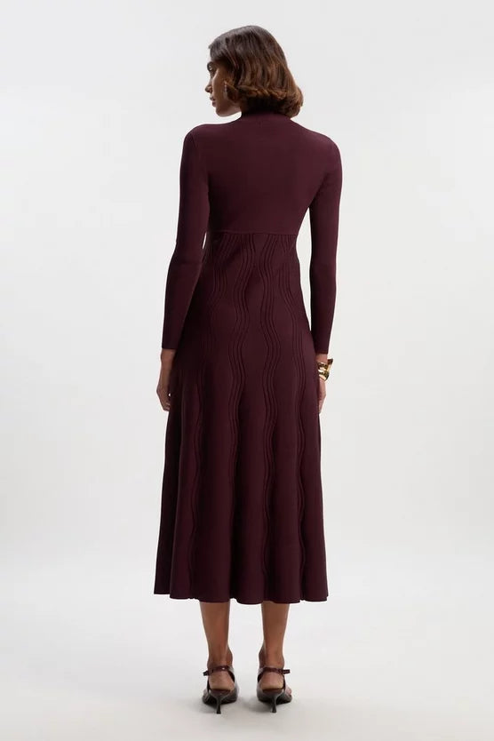 Contrast Wave Knit A-Line Knitted Long Sleeve Dress
