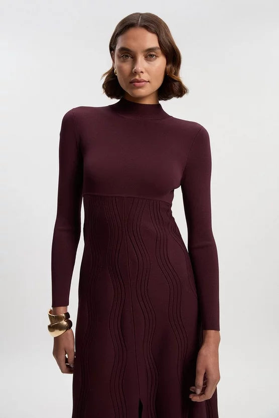 Contrast Wave Knit A-Line Knitted Long Sleeve Dress