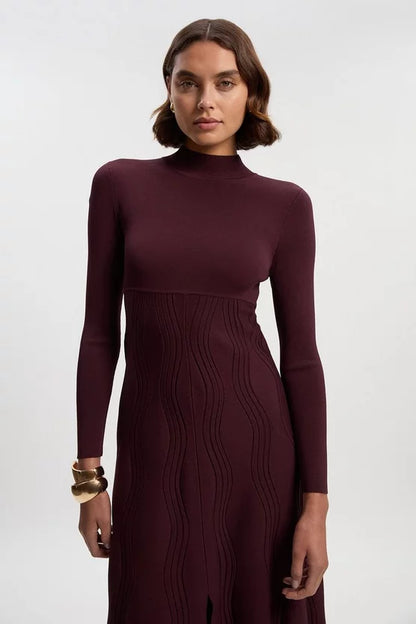 Contrast Wave Knit A-Line Knitted Long Sleeve Dress