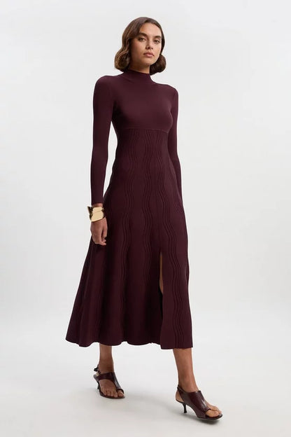 Contrast Wave Knit A-Line Knitted Long Sleeve Dress