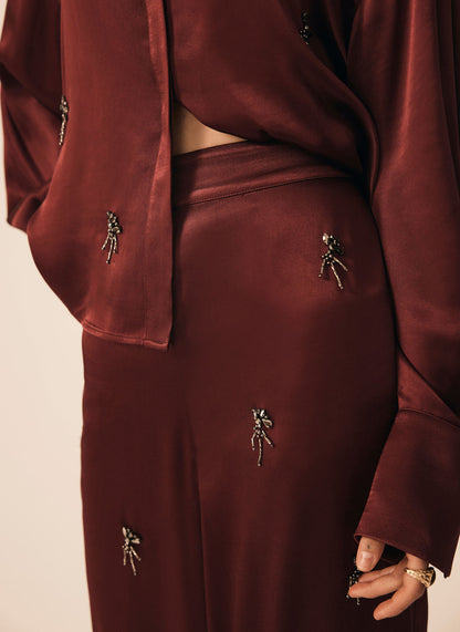 Burgundy Embellished Wide Trousers