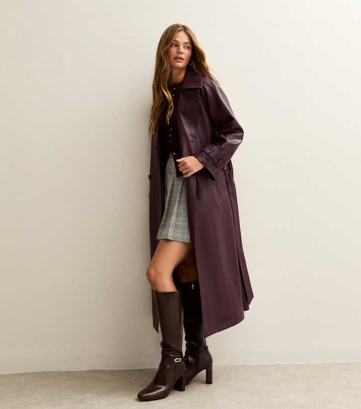 Burgundy Faux Leather Trench Coat