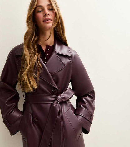 Burgundy Faux Leather Trench Coat
