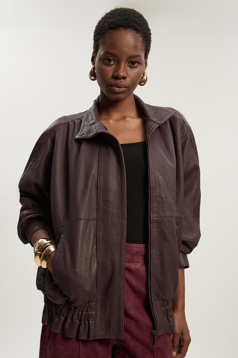 Leather Textured Relaxed Bomber Jacket
