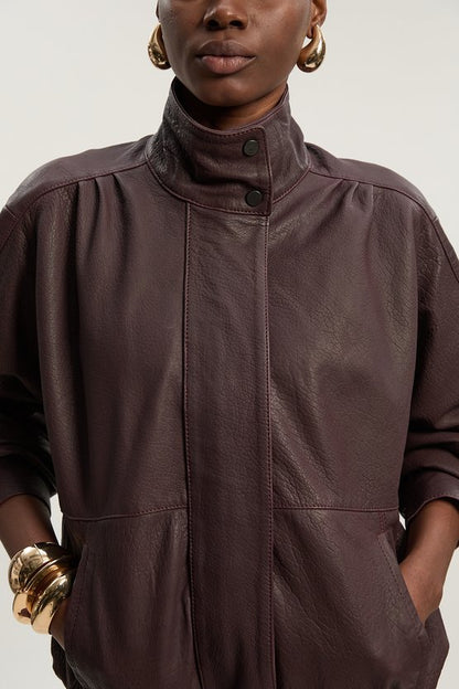 Leather Textured Relaxed Bomber Jacket