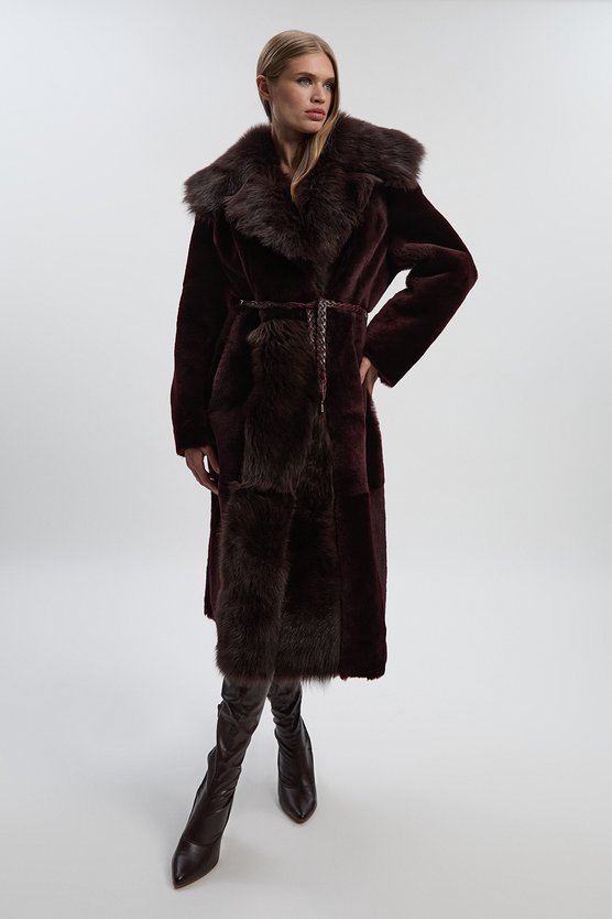 Reversible Shearling & Leather Belted Maxi Coat