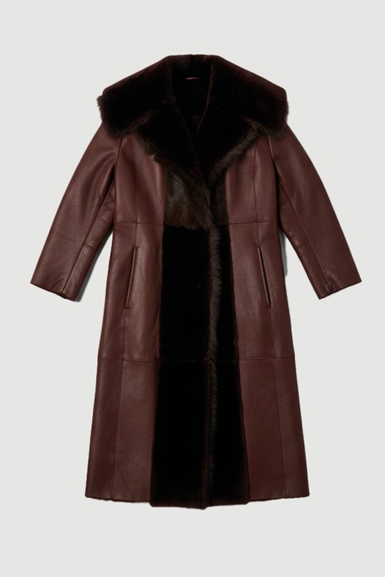 Reversible Shearling & Leather Belted Maxi Coat