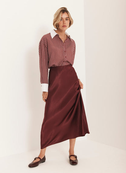 Burgundy Satin Slip Midi Skirt