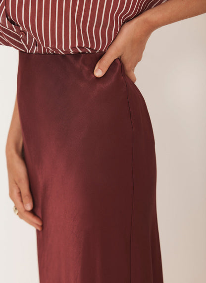 Burgundy Satin Slip Midi Skirt