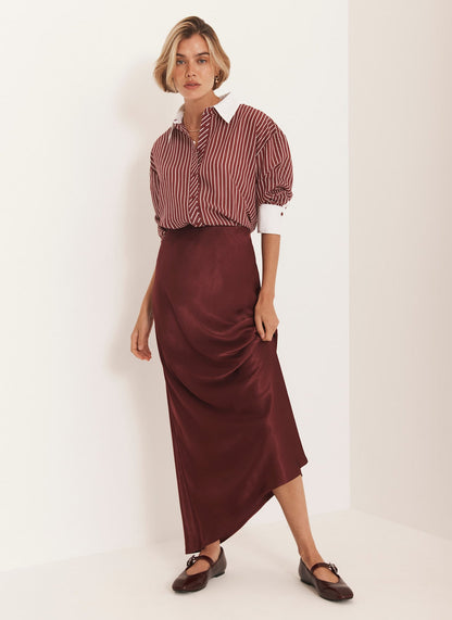 Burgundy Satin Slip Midi Skirt