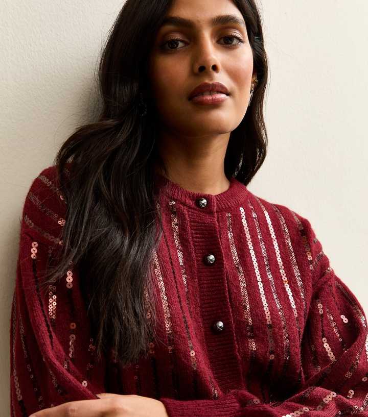 Burgundy Sequin Embellished Cardigan