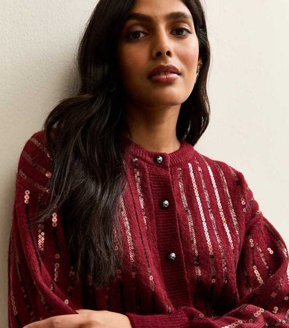 Burgundy Sequin Embellished Cardigan