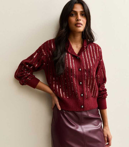 Burgundy Sequin Embellished Cardigan