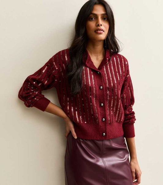 Burgundy Sequin Embellished Cardigan