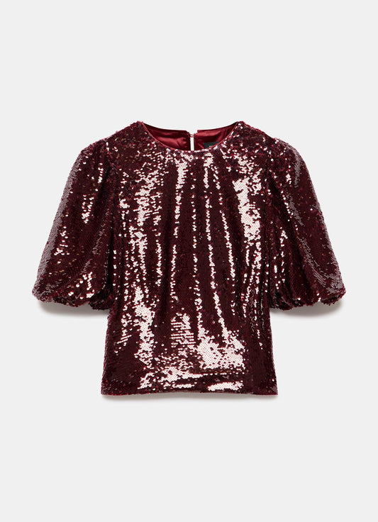 Burgundy Sequin Short Sleeve Top