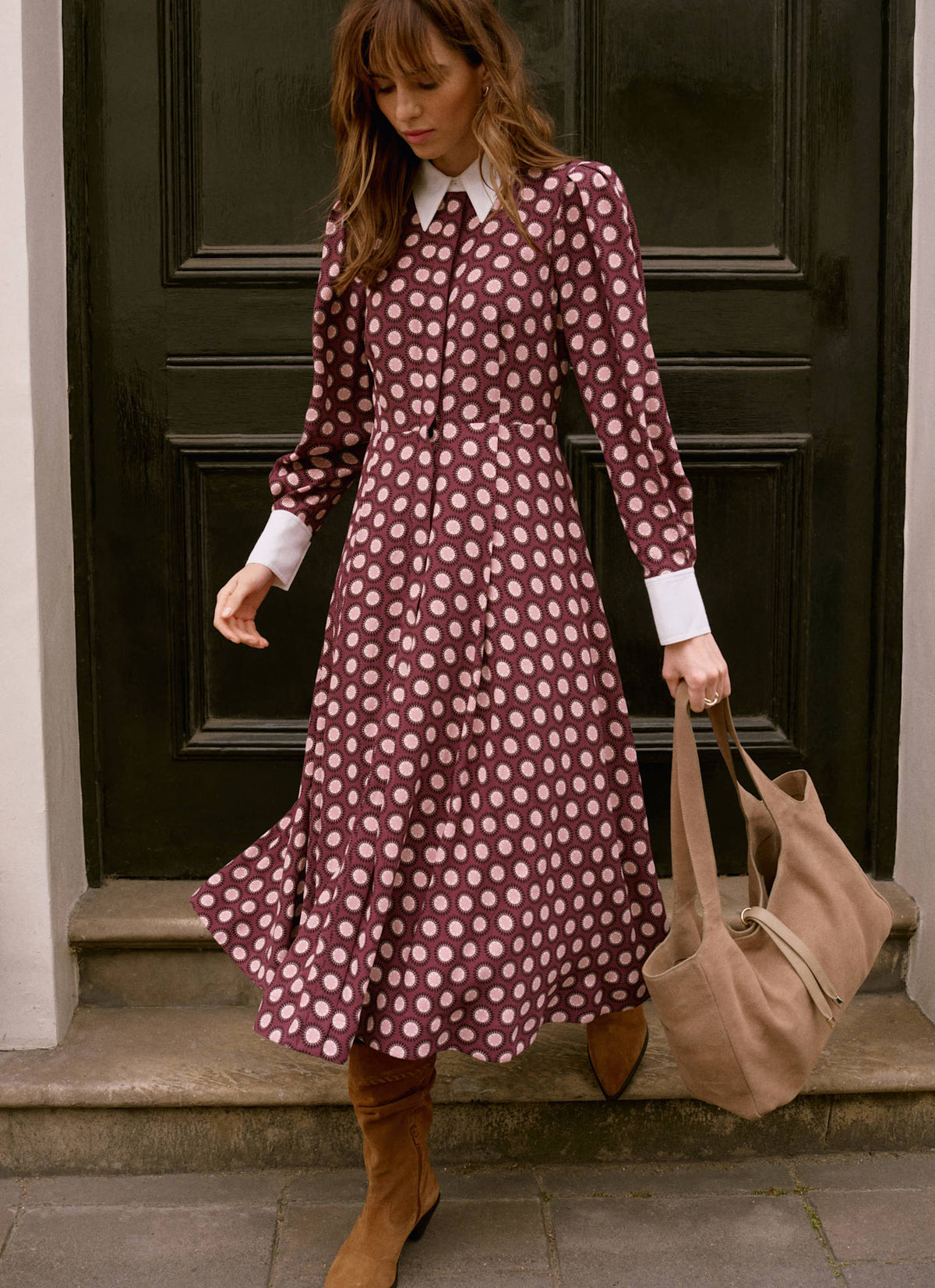 Burgundy Geometric Print Midi Dress