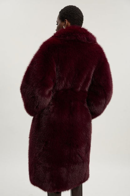 Textured Faux Fur Belted Long Full collar Coat