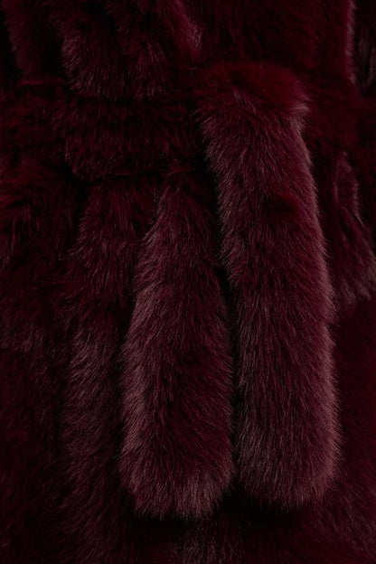 Textured Faux Fur Belted Long Full collar Coat