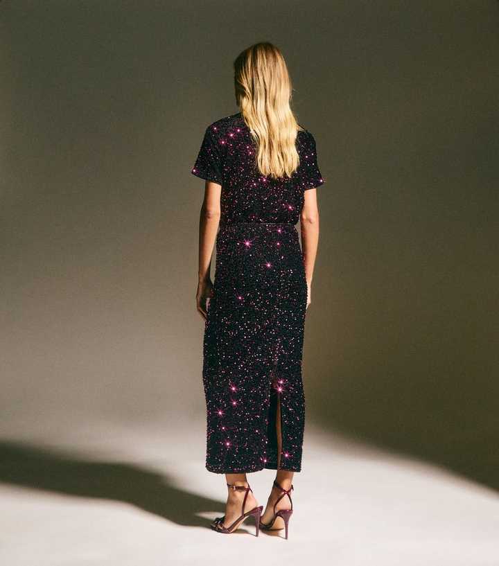 Burgundy Velvet Sequin Embellished Midi Skirt
