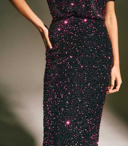 Burgundy Velvet Sequin Embellished Midi Skirt