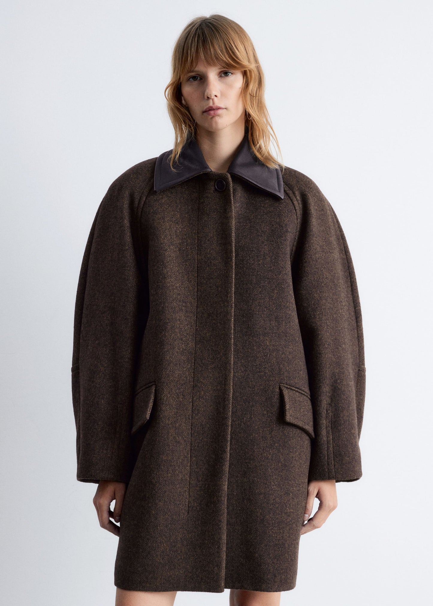 Oversized Leather-Collar Wool Coat