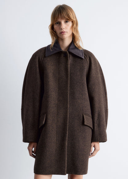 Oversized Leather-Collar Wool Coat