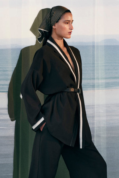 Contrast-piped straight-leg trousers