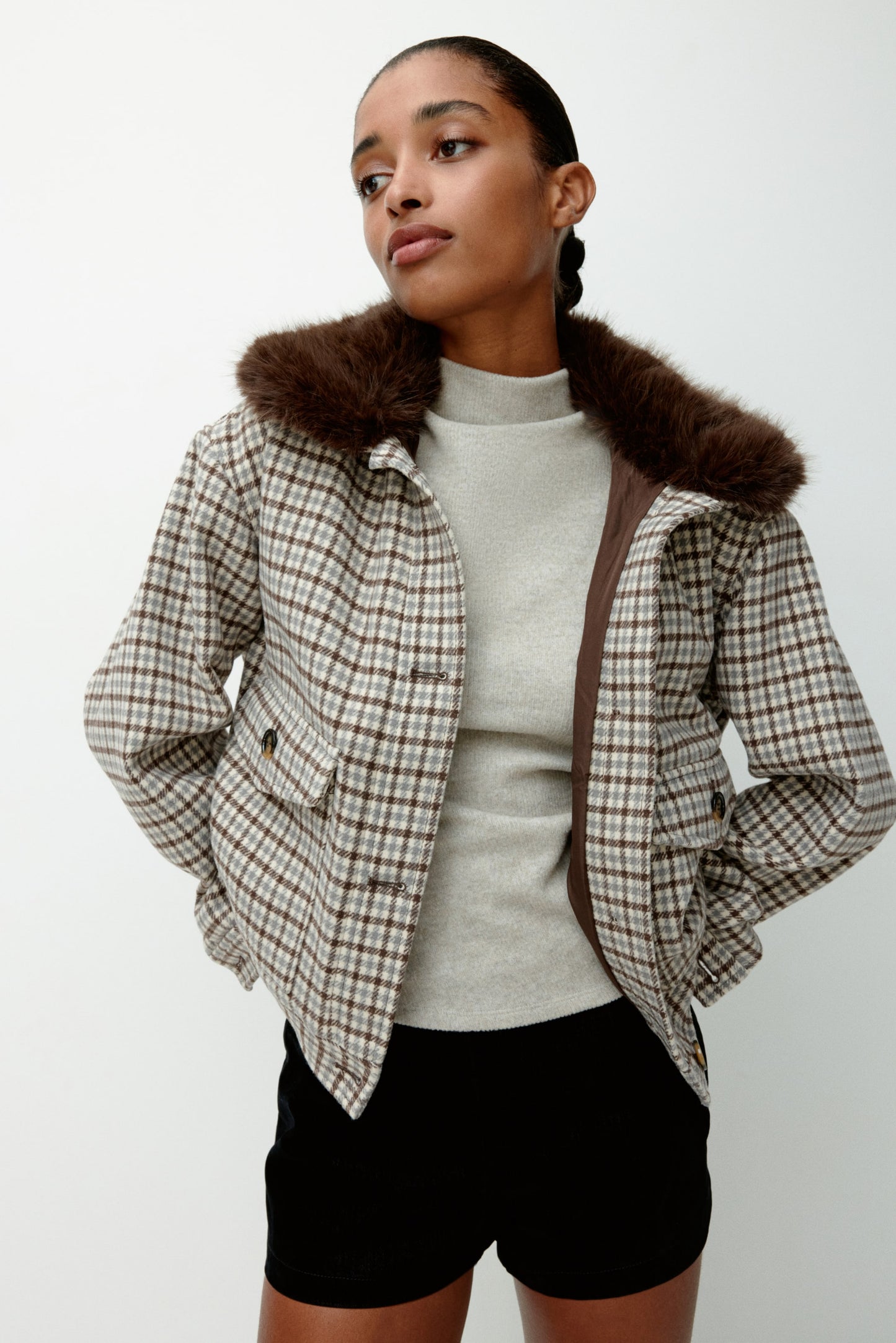 Fluffy-collar twill jacket