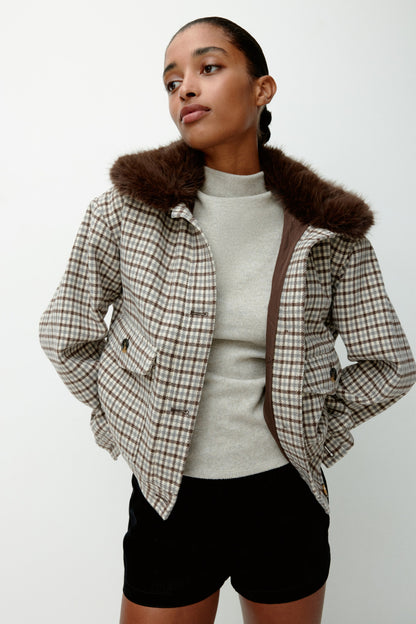 Fluffy-collar twill jacket