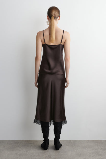 Lace-Trimmed Satin Midi Skirt