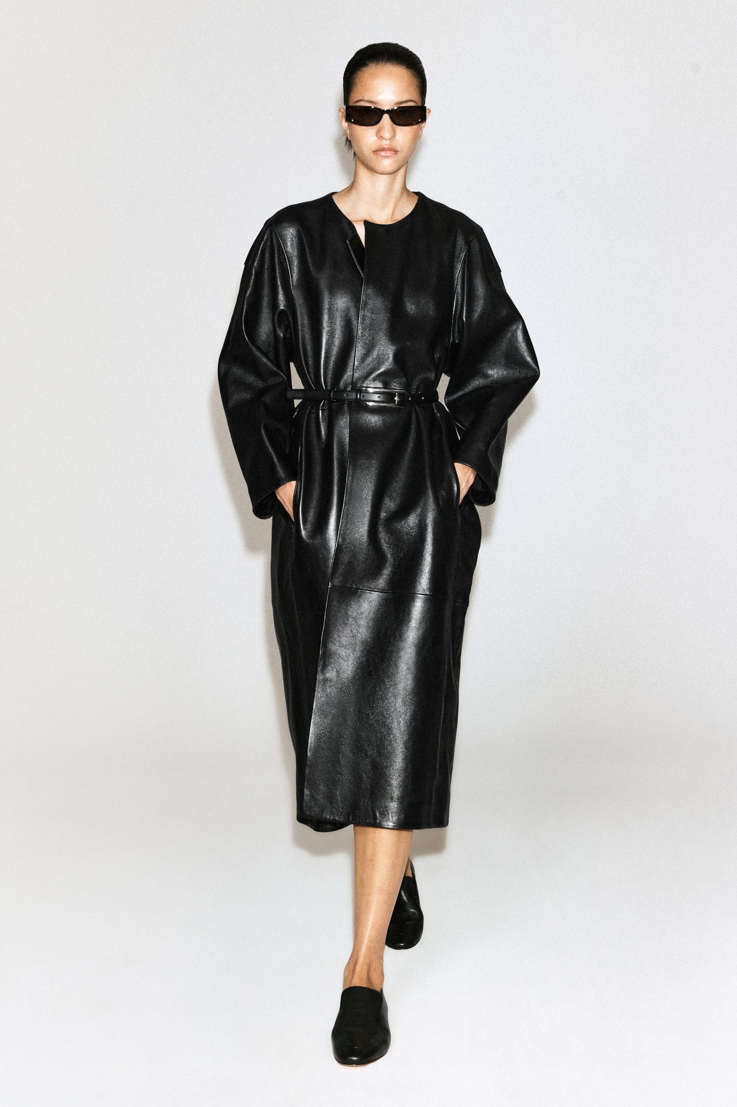 Panelled Leather Long Coat