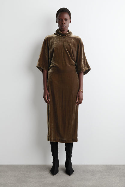 Draped-Neck Velvet Midi Dress