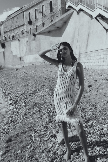 Fringe-trimmed hole-knit dress