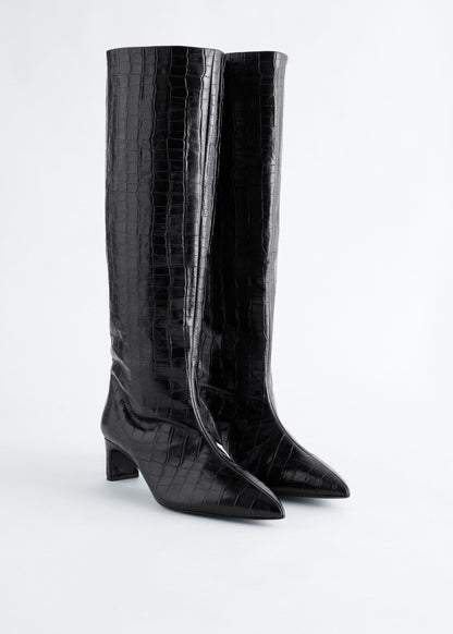 Kitten Heel Leather Knee Boots