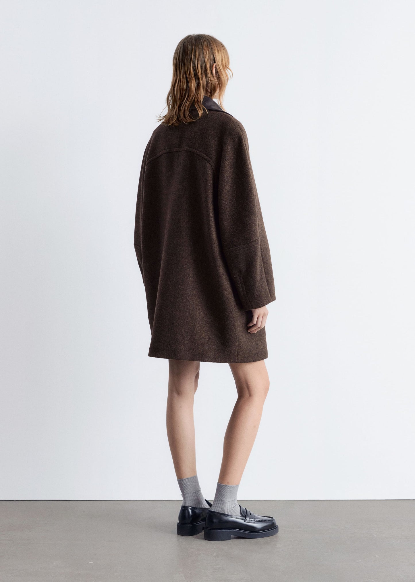 Oversized Leather-Collar Wool Coat