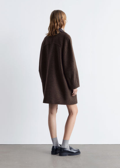 Oversized Leather-Collar Wool Coat