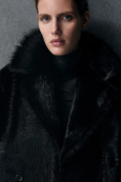 Collared pony hair-effect leather jacket