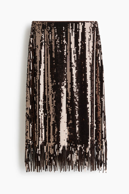 Fringe-trimmed sequined skirt